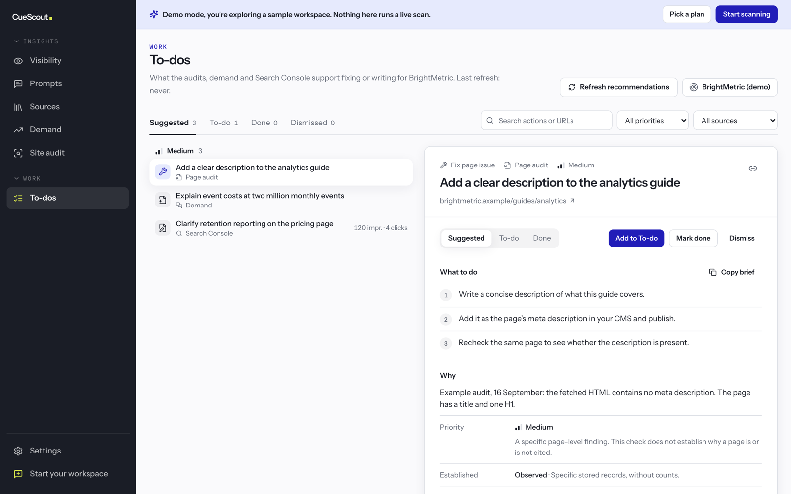 CueScout demo: a To-do with its steps, the reason it was suggested and the evidence behind it