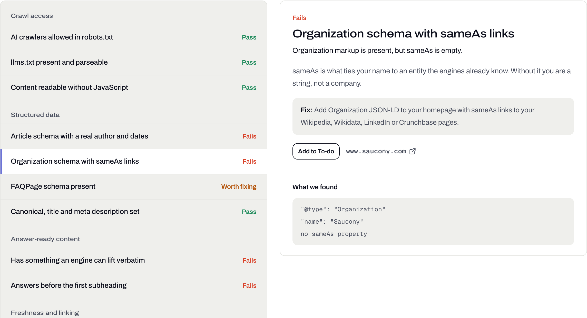 Site audit: crawl access, structured data and answer-ready checks with pass and fail verdicts
