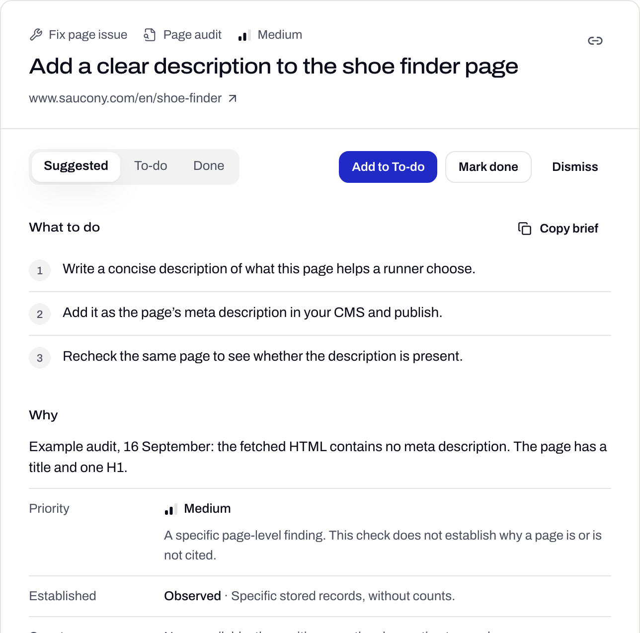 One To-do opened: what to do in three steps, and why, with the audit evidence
