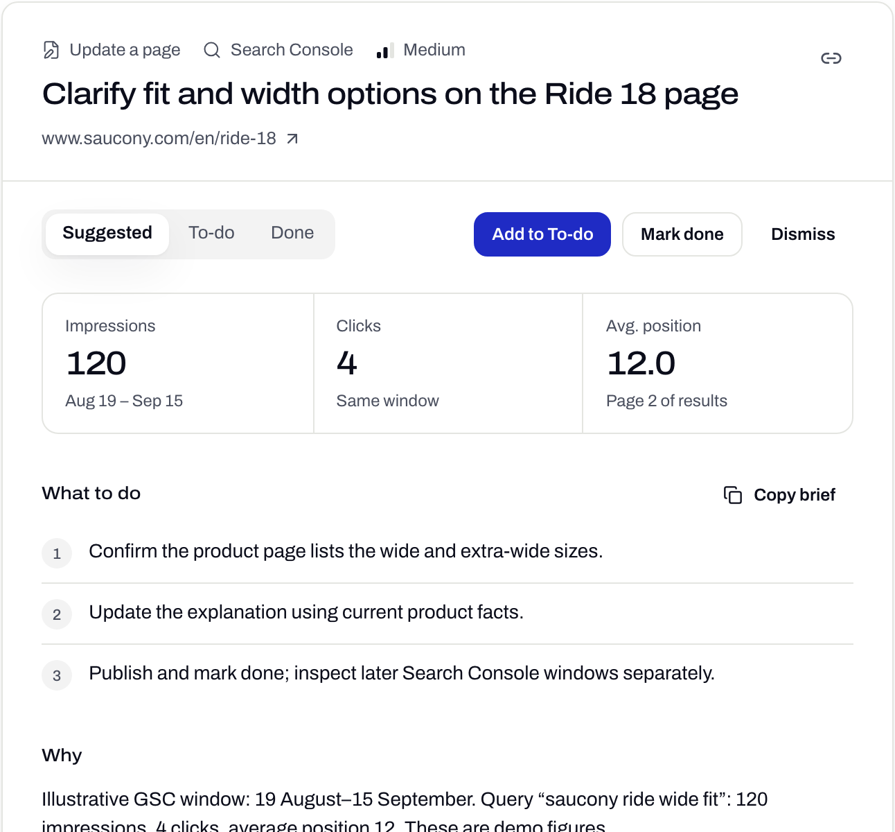 A Search Console To-do: impressions, clicks and position for a product page, with steps to update it